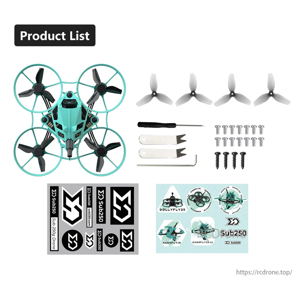 Sub250 Nimble65 HD O4 65mm 1S Mini Whoop FPV, The product list includes Sub250 drone, propellers, tools, screws, and stickers with logos and designs.