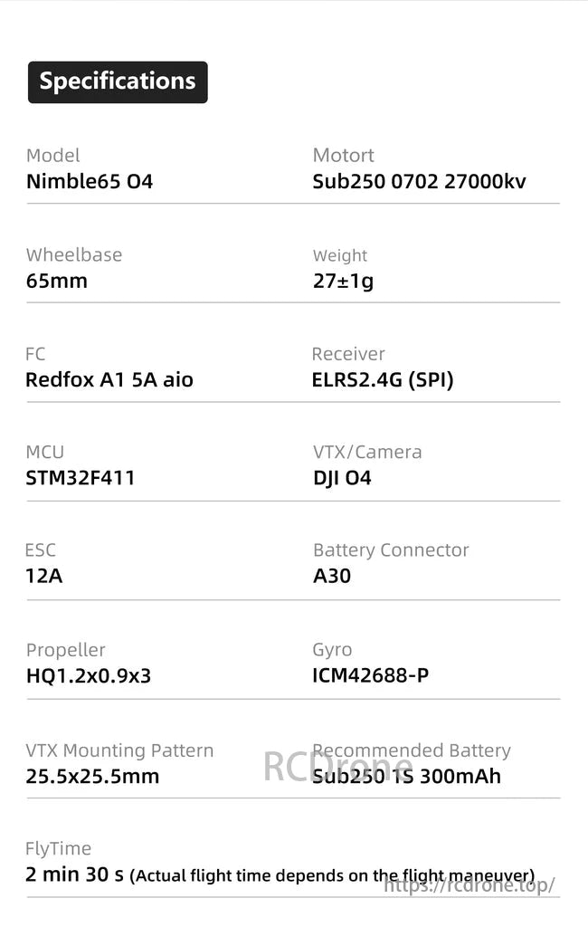 Sub250 Nimble65 HD O4 65mm 1S Mini Whoop FPV, Nimble65 O4 features 65mm wheelbase, 27g weight, ELRS receiver, STM32F411 MCU, DJI O4 VTX/camera, 12A ESC, and 2 min 30 s flytime.