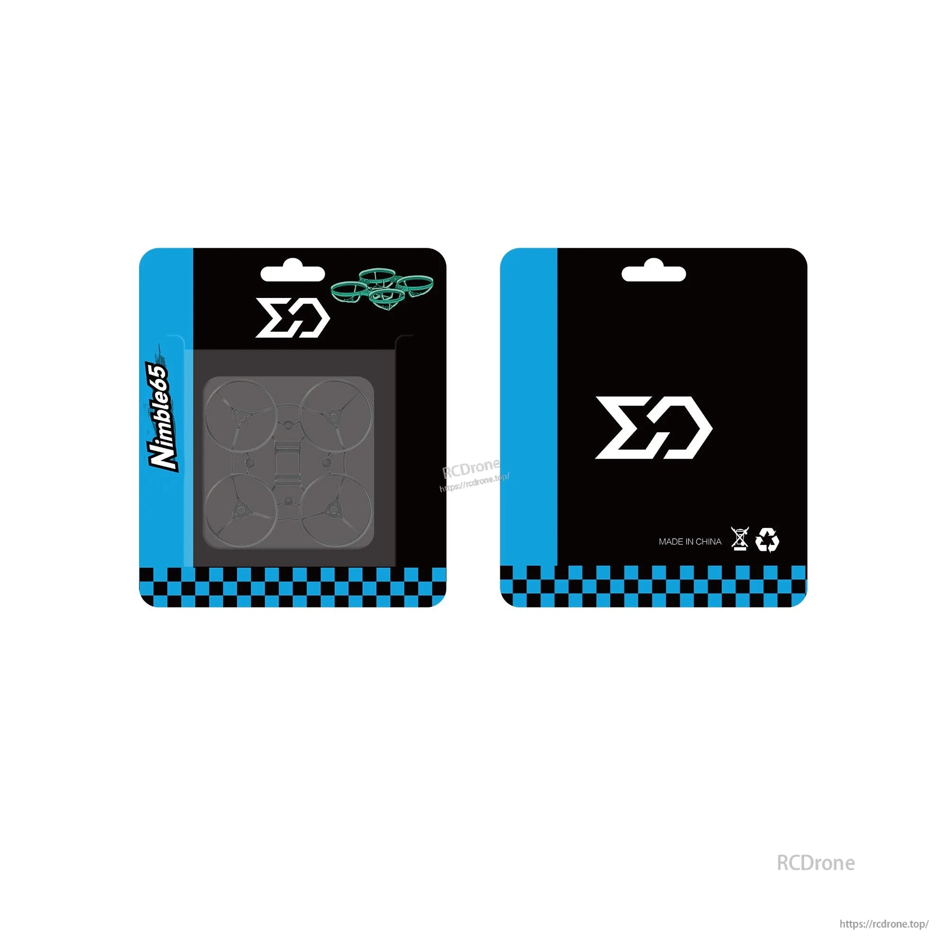 Nimble65 retail packaging showing bottom frame plate insert, front and back cards
