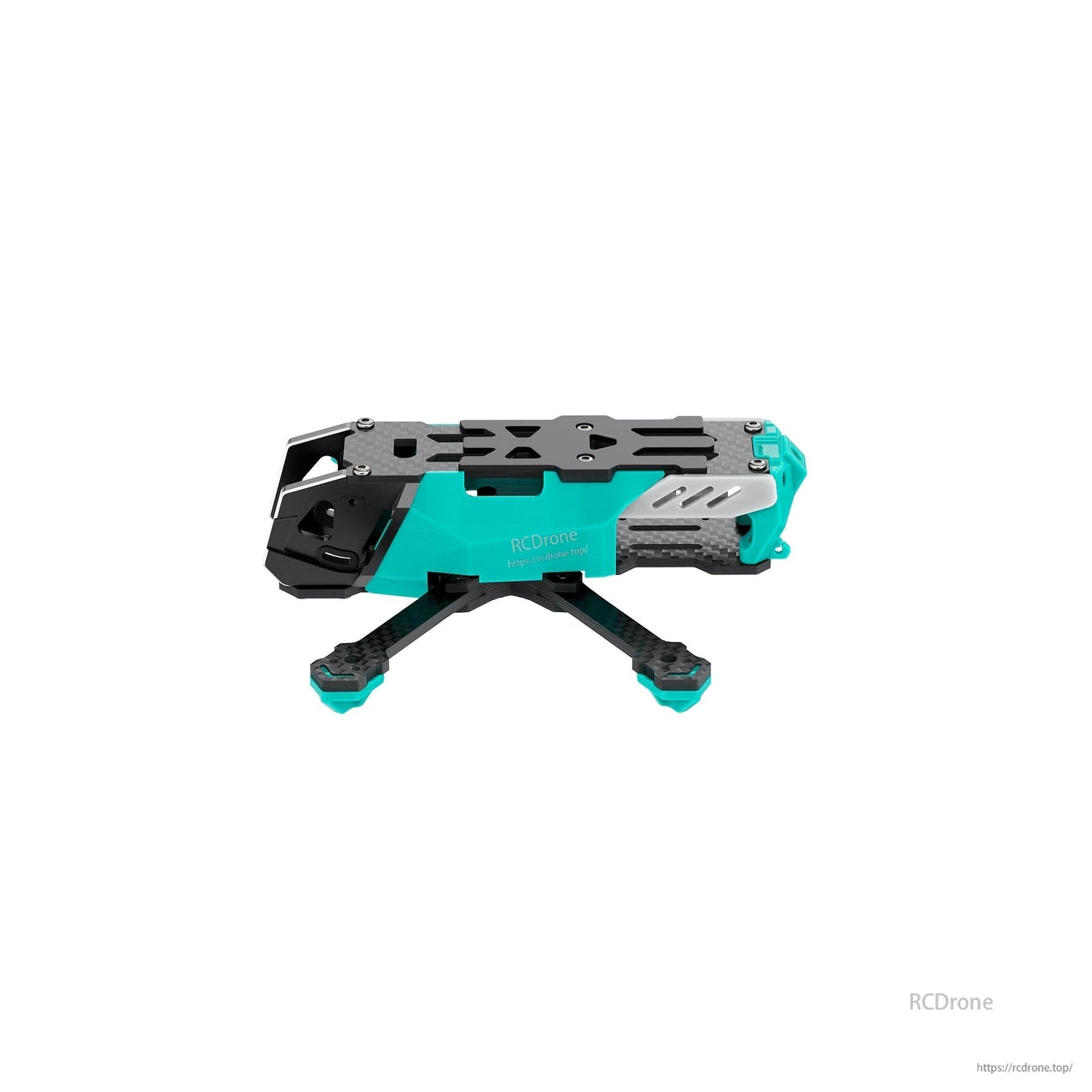 Side profile of teal FPV drone frame chassis with carbon top plate and front camera cage