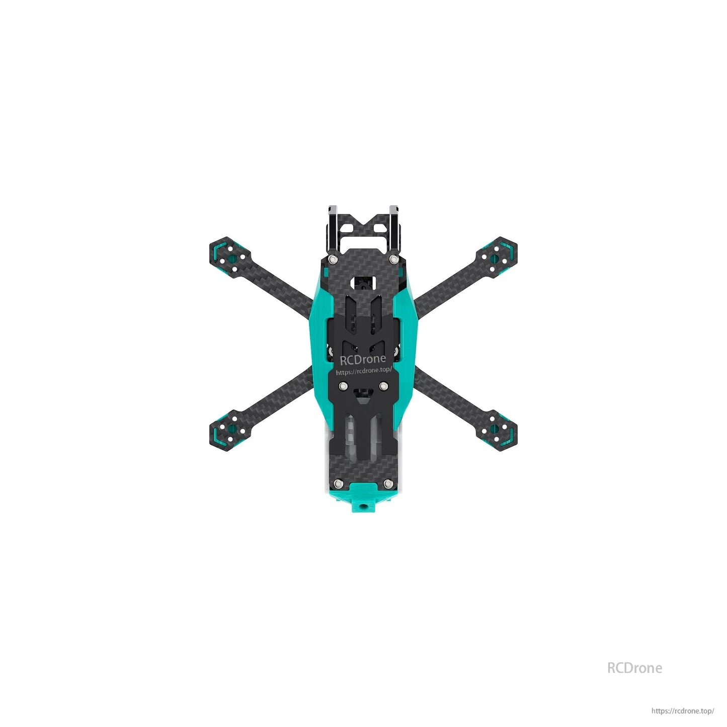 Top-down view of FPV drone frame showing X arm layout, carbon plates, and teal side panels