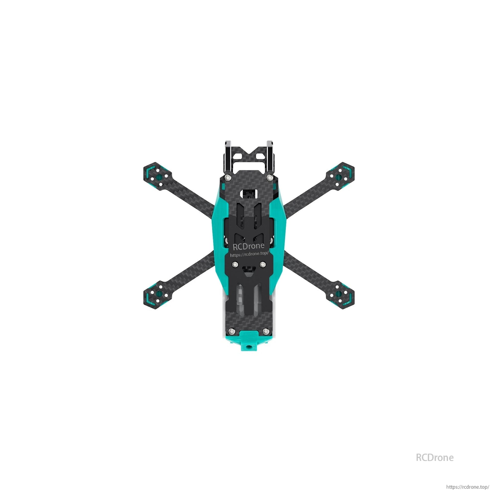 Top-down view of FPV drone frame showing X arm layout, carbon plates, and teal side panels