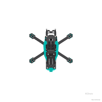 Top-down view of FPV drone frame showing X arm layout, carbon plates, and teal side panels