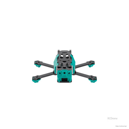 Rear view of FPV drone frame chassis with teal rear block and carbon fiber arms spread