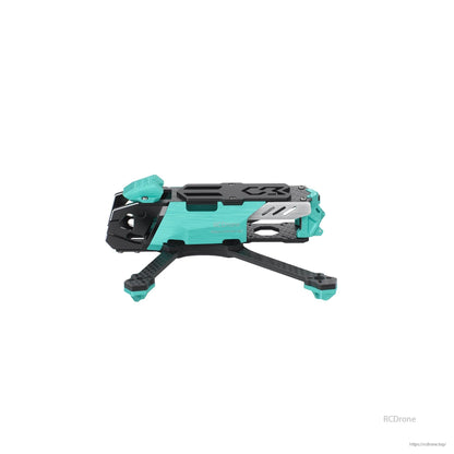 Side profile of assembled frame showing stacked plates, teal side panels, and front camera cage