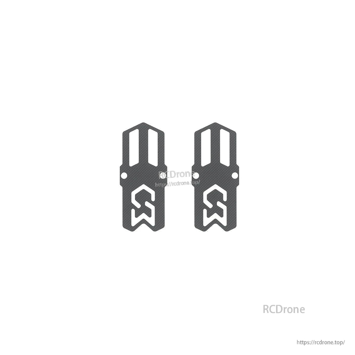 Pair of carbon fiber side plates with logo cutouts and mounting slots