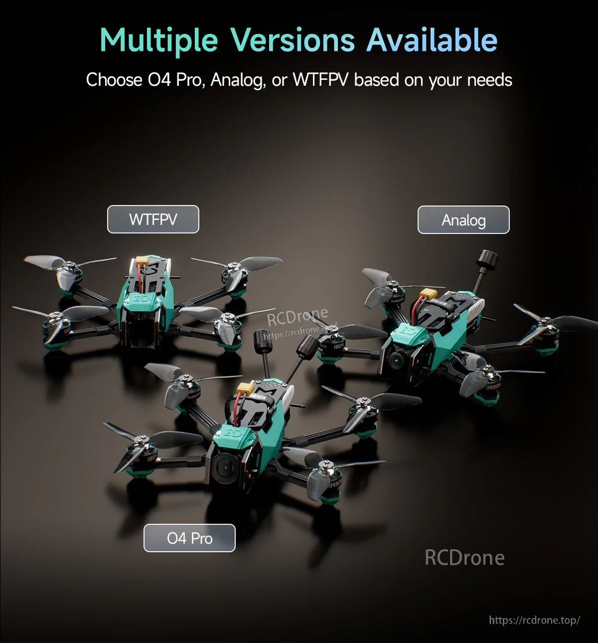 OasisFly35 DC lineup showing O4 Pro, Analog, and WTFPV versions side by side