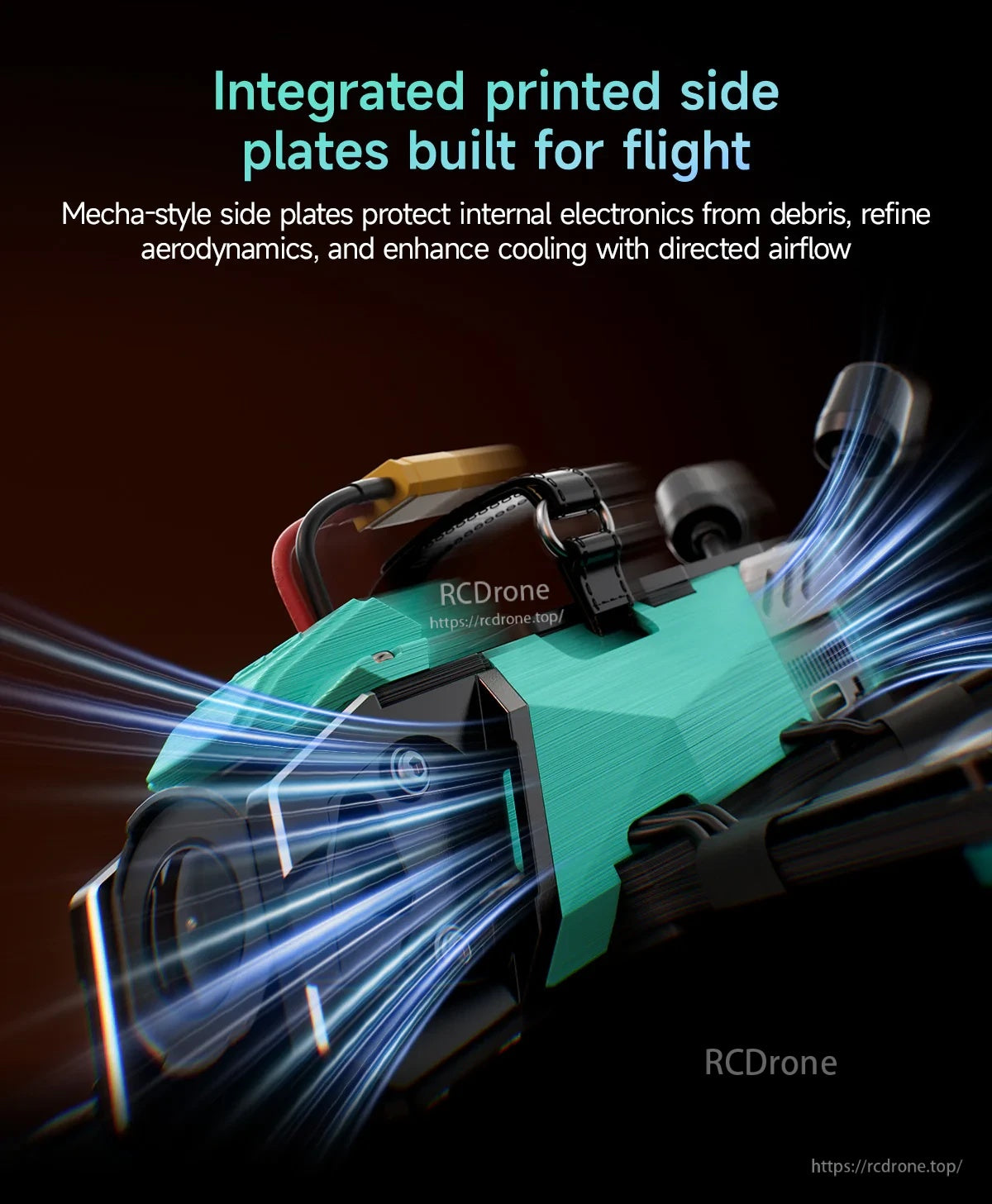Close-up of OasisFly35 DC printed side plates for debris protection and directed cooling airflow