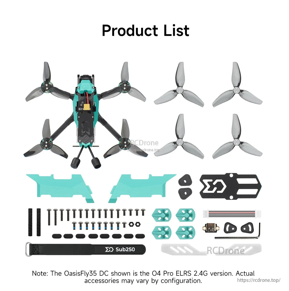 Package contents layout with quadcopter, spare props, frame parts, hardware, and accessories