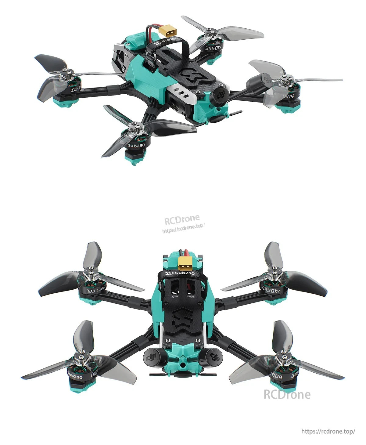 Angled and rear views of OasisFly35 DC showing top plate, arm layout, and electronics stack area