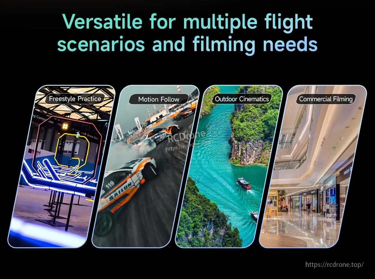 Graphic showing freestyle practice, motion follow, outdoor cinematics, and commercial filming use cases