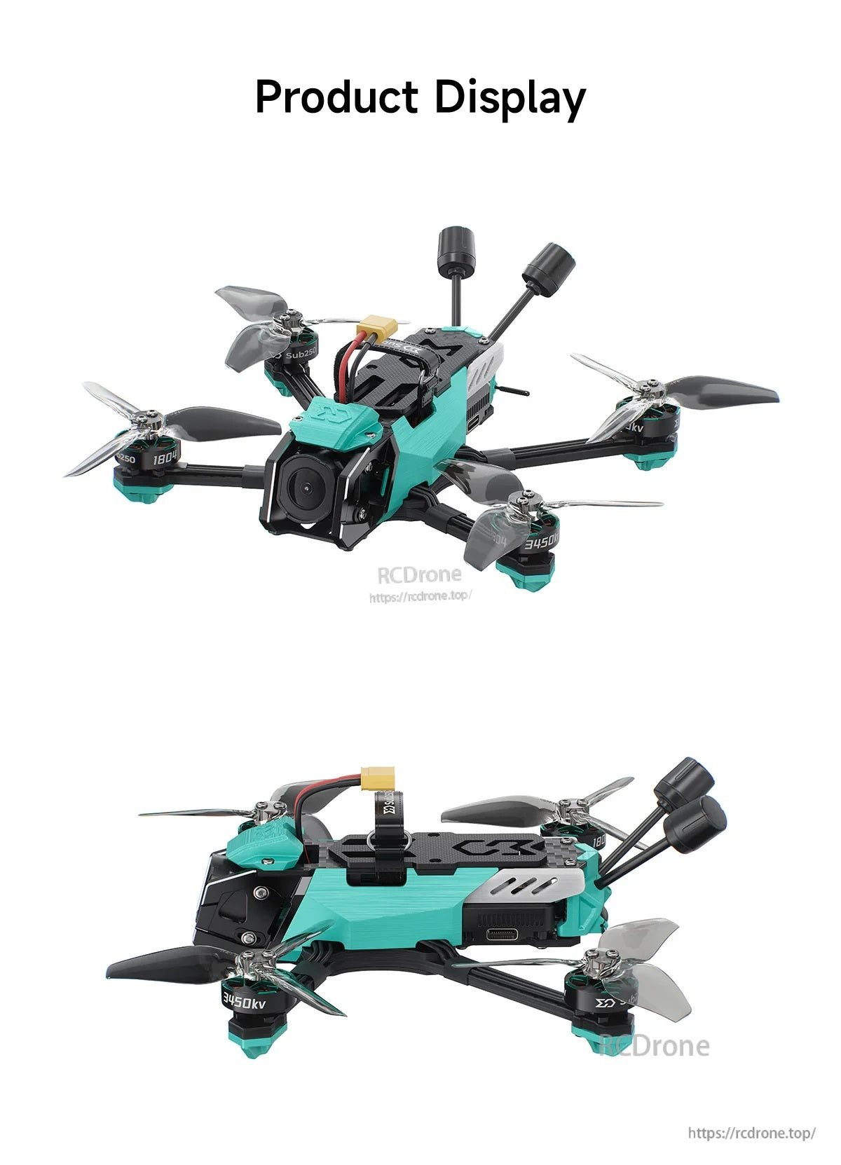 Product display on white background: OasisFly35 DC quadcopter front view and side profile