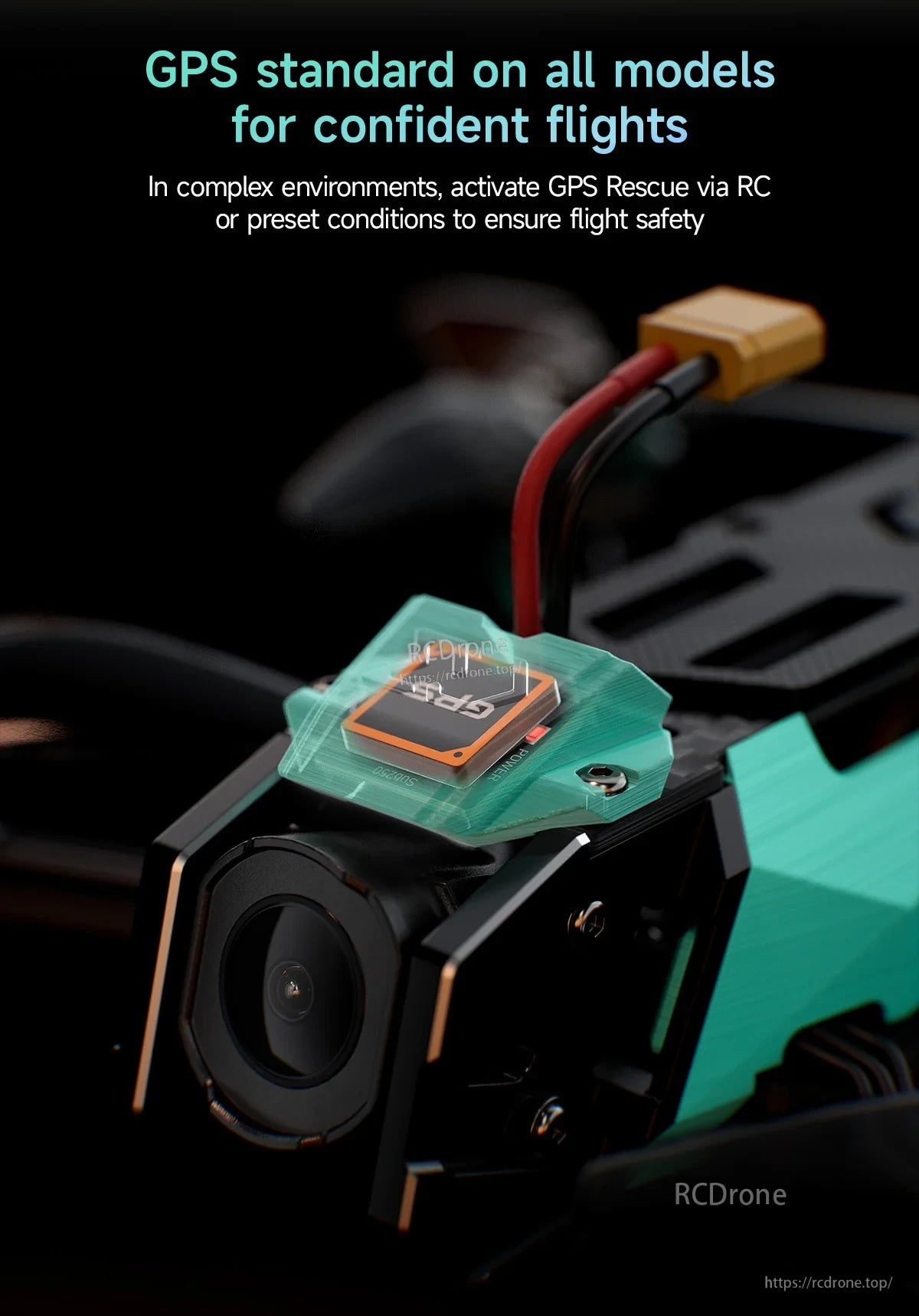 GPS module mounted on the quadcopter frame, with wiring routed near the camera and top plate