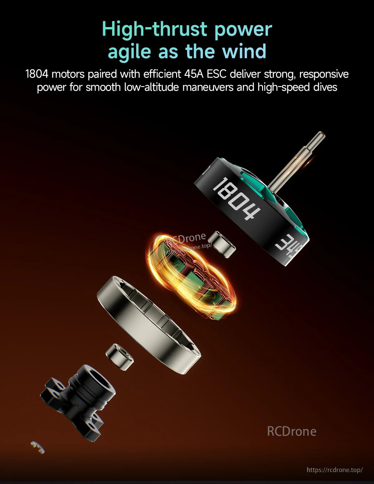 Exploded view of 1804 brushless motor components used on the OasisFly35 DC 3.5-inch quad