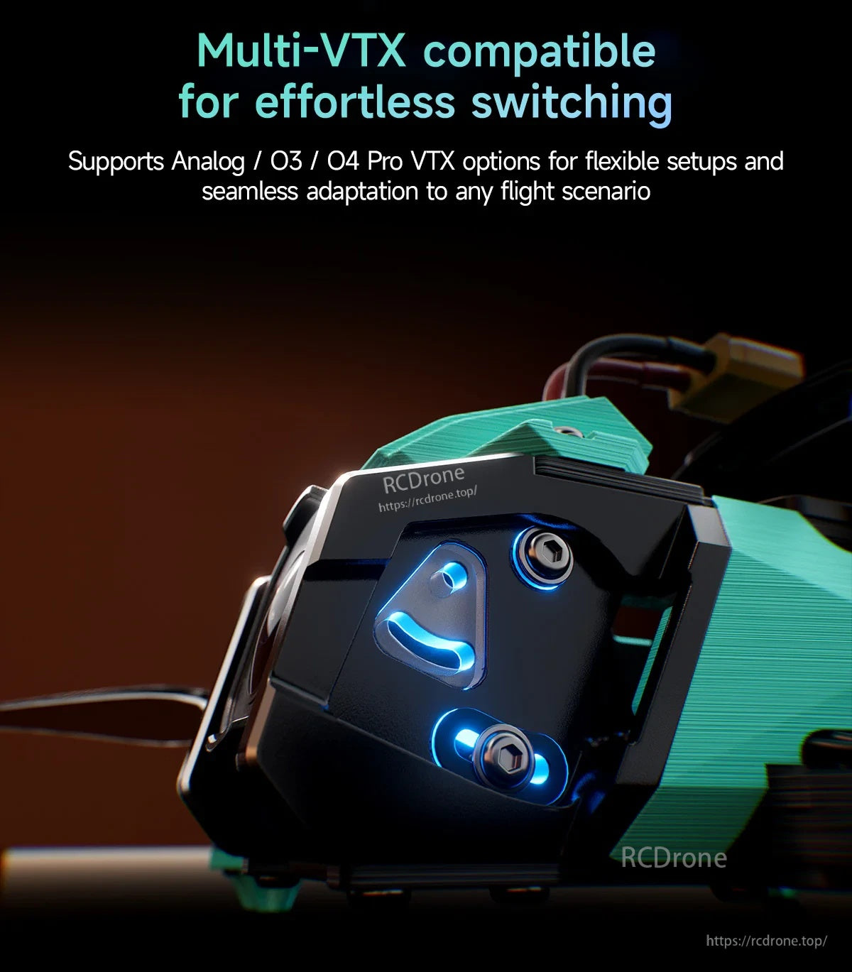 Front section detail highlighting multi-VTX compatibility for analog, O3, and O4 Pro configurations