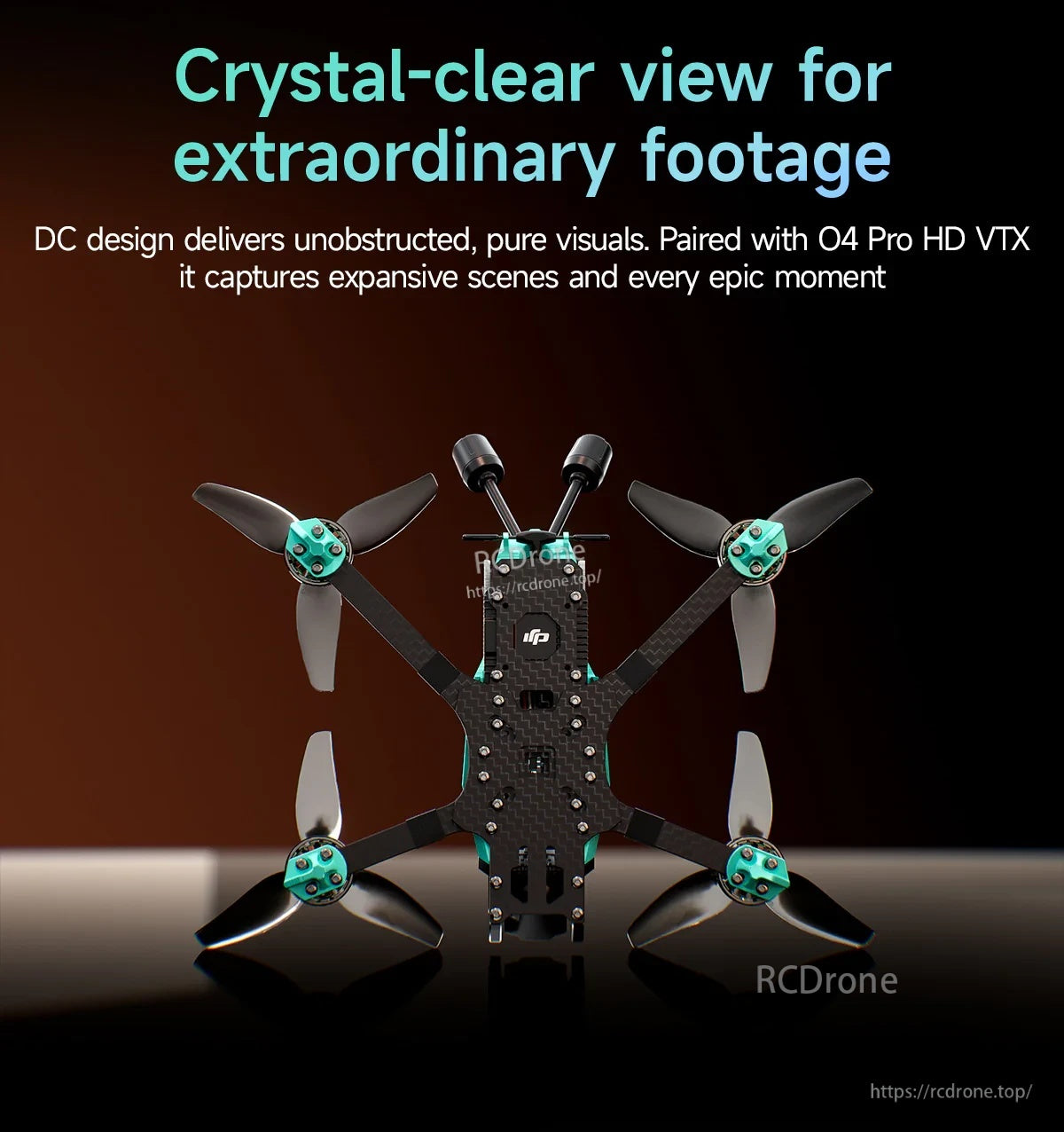 Top-down view of the OasisFly35 DC frame and prop layout designed for an unobstructed FPV camera view