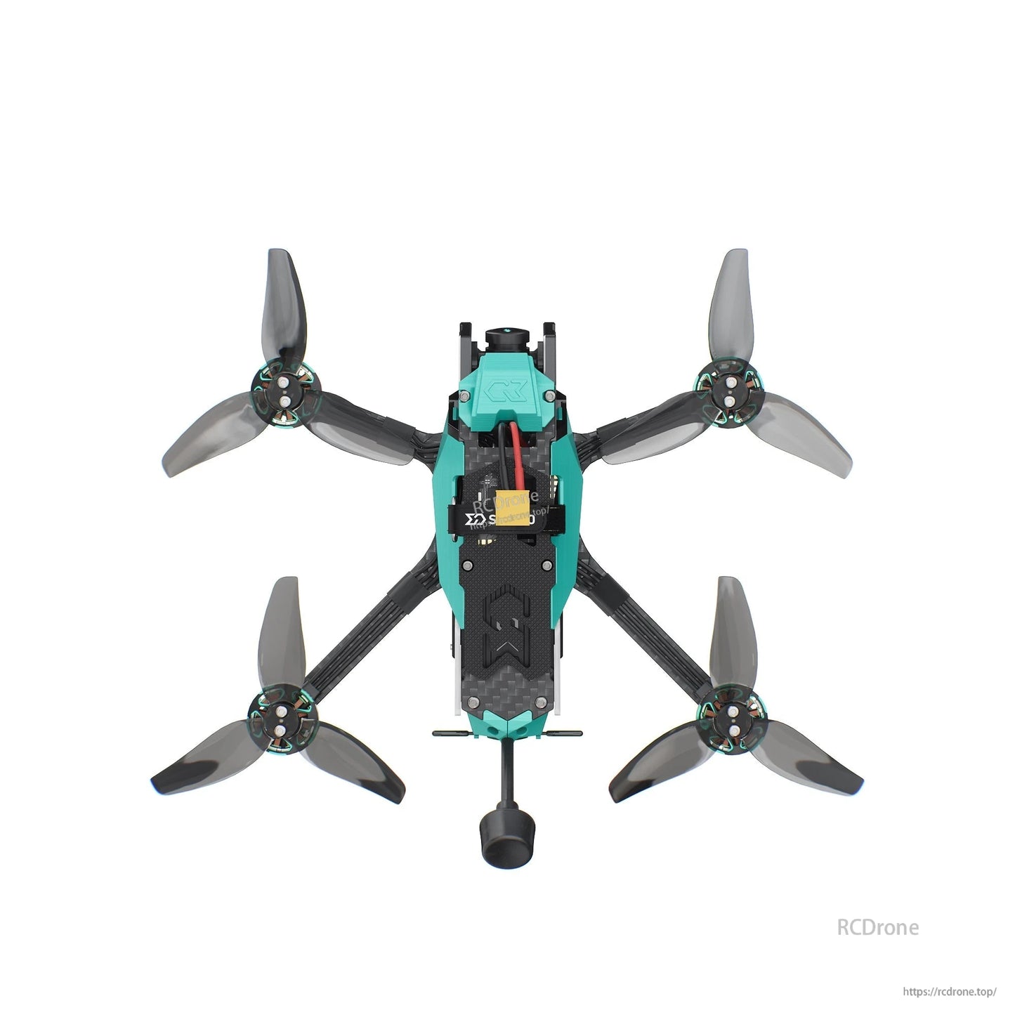 Top-down view with antenna extended downward, showing full X-frame layout and prop spacing