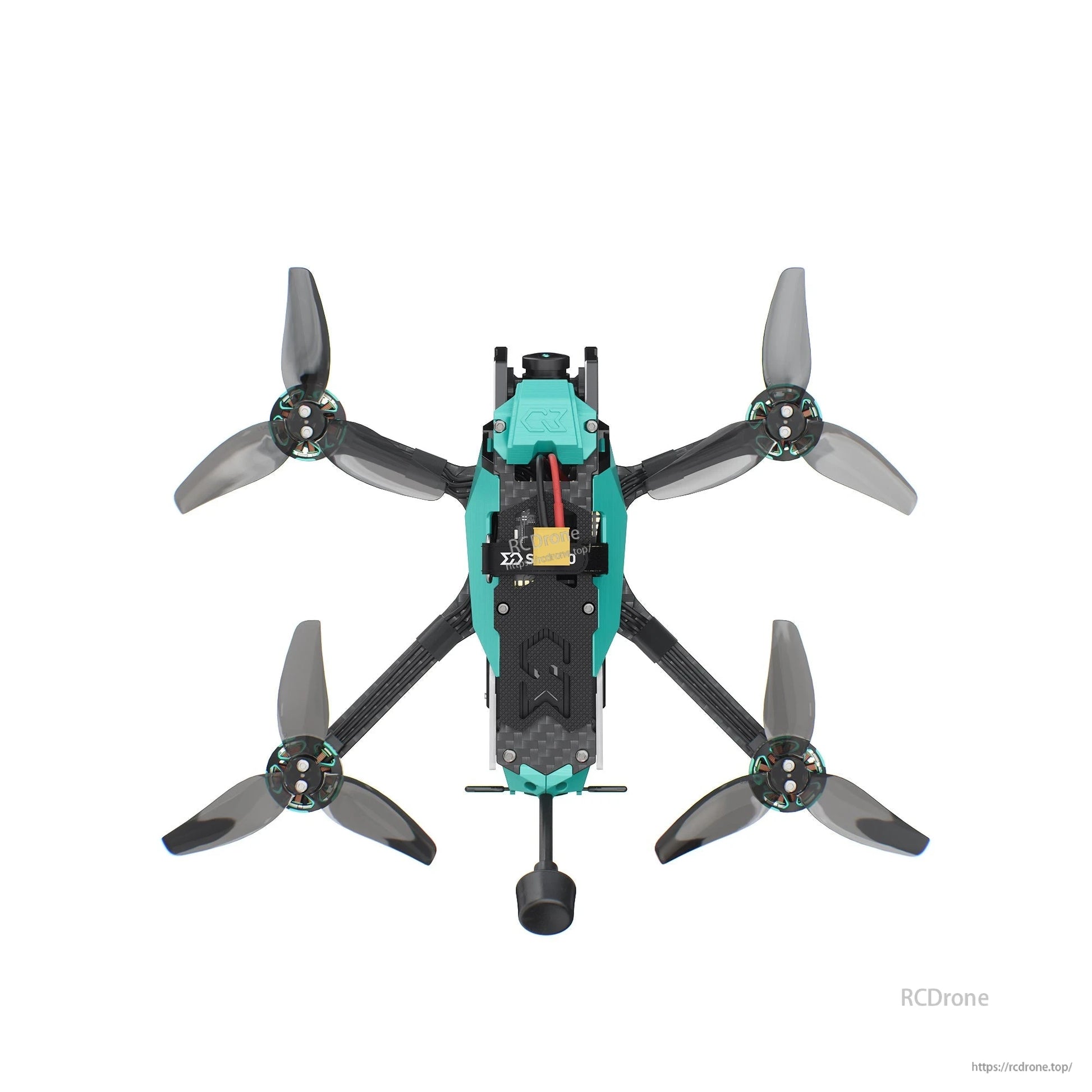 Top-down view with antenna extended downward, showing full X-frame layout and prop spacing