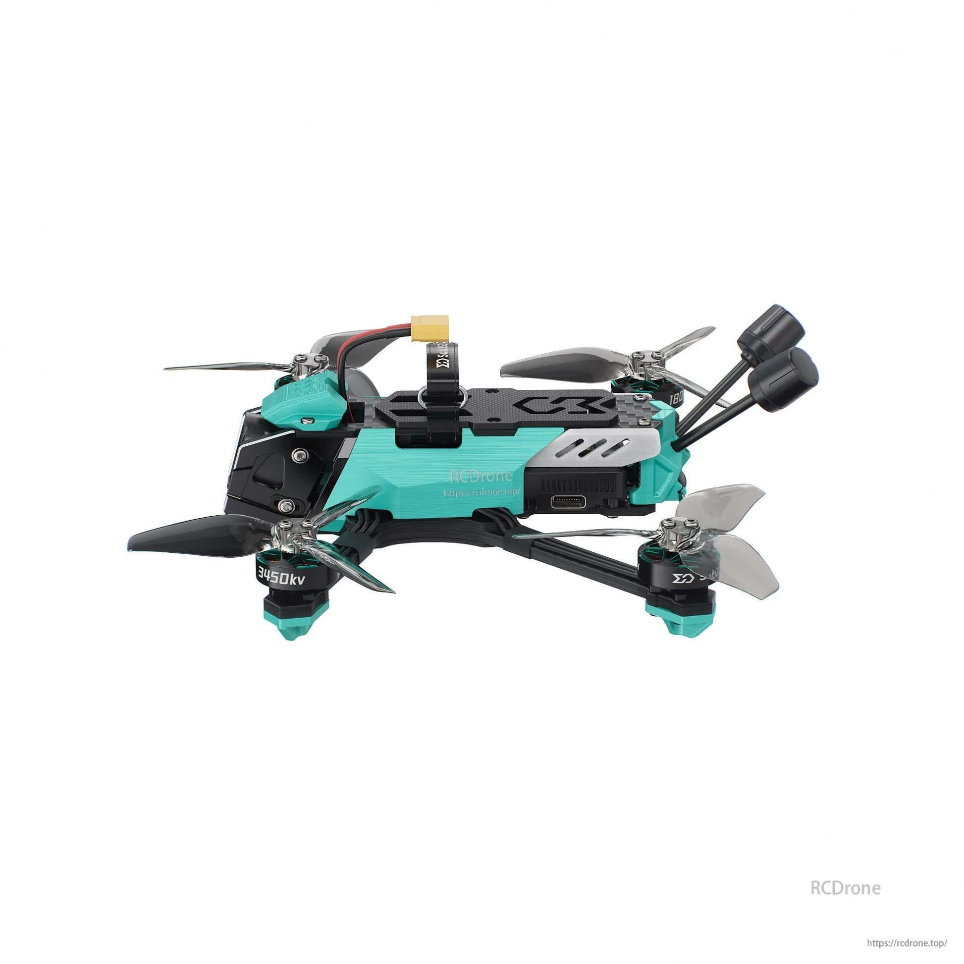 Left side profile showing canopy, top plate, and side vented electronics bay on teal frame