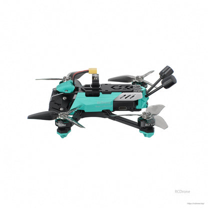 Left side profile showing canopy, top plate, and side vented electronics bay on teal frame