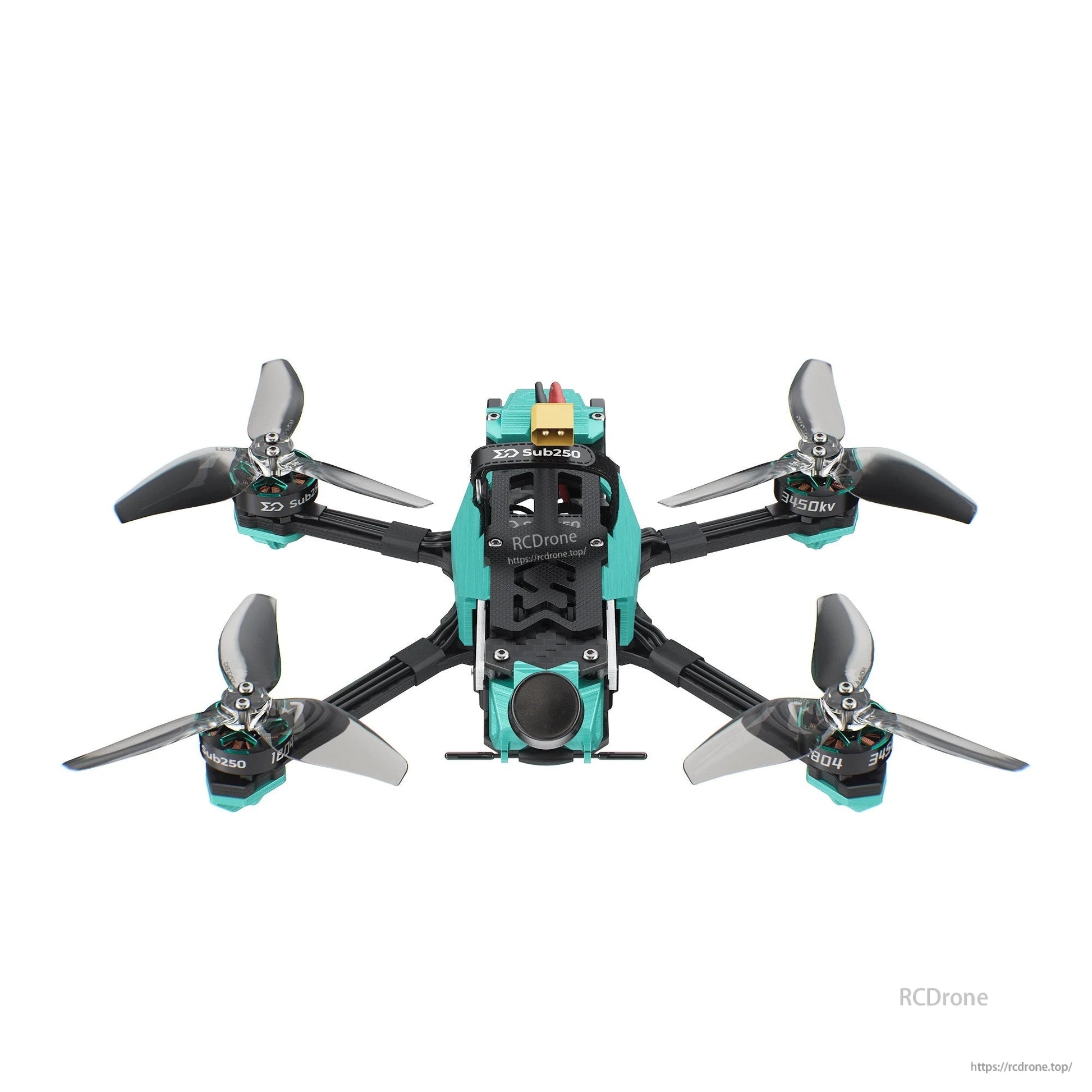 Underside view with round front lens cap/cover installed, showing bottom frame and motors