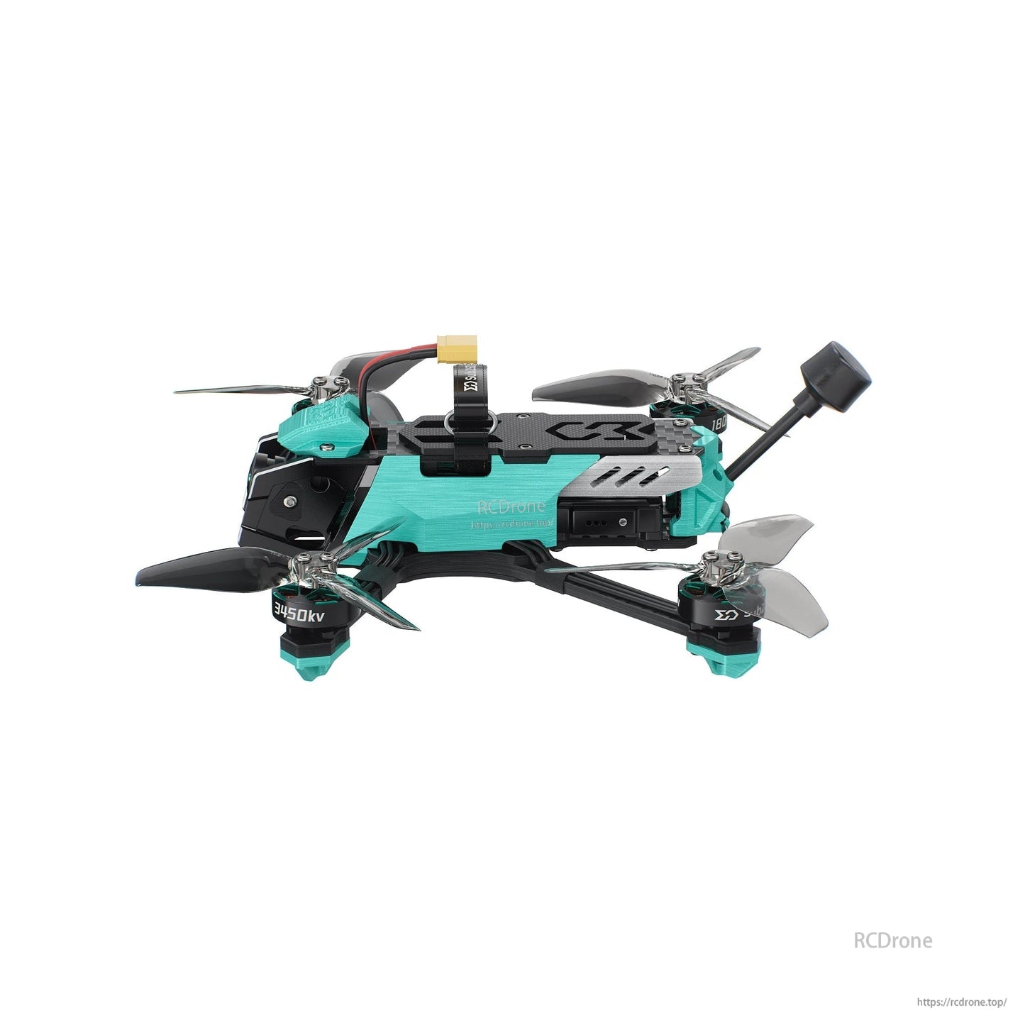 Right side view with battery lead and rear antenna extended, showing mid-frame electronics bay