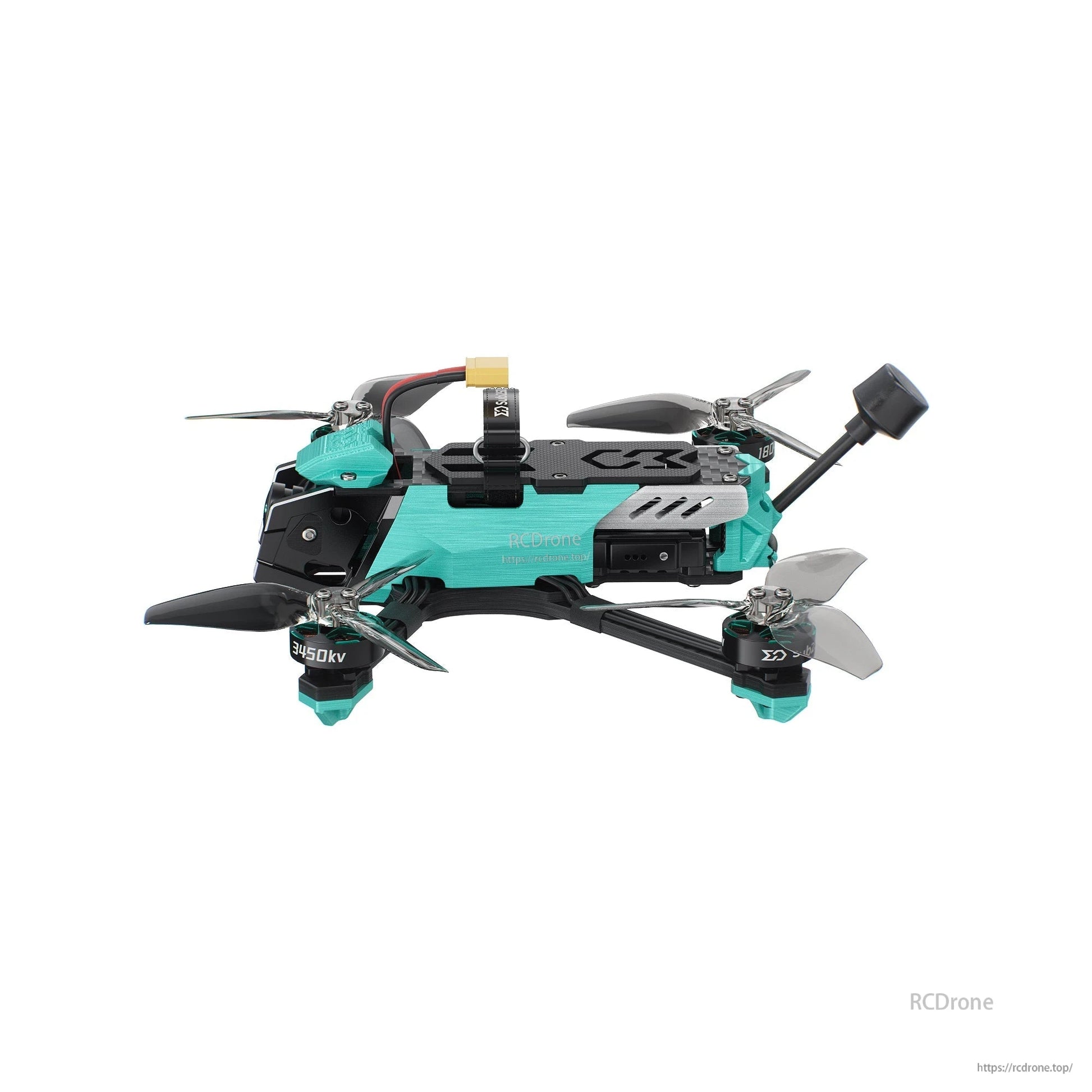 Right side view with battery lead and rear antenna extended, showing mid-frame electronics bay