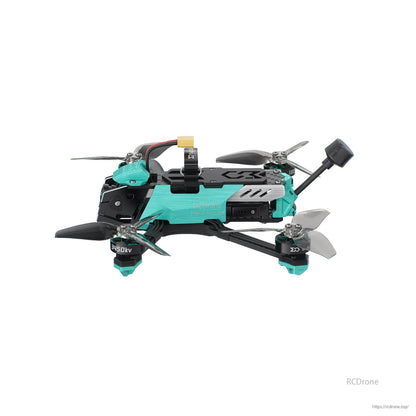 Right side view with battery lead and rear antenna extended, showing mid-frame electronics bay