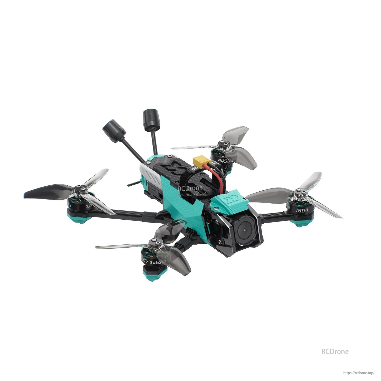 Front-left angle view highlighting FPV camera housing and two rear antennas