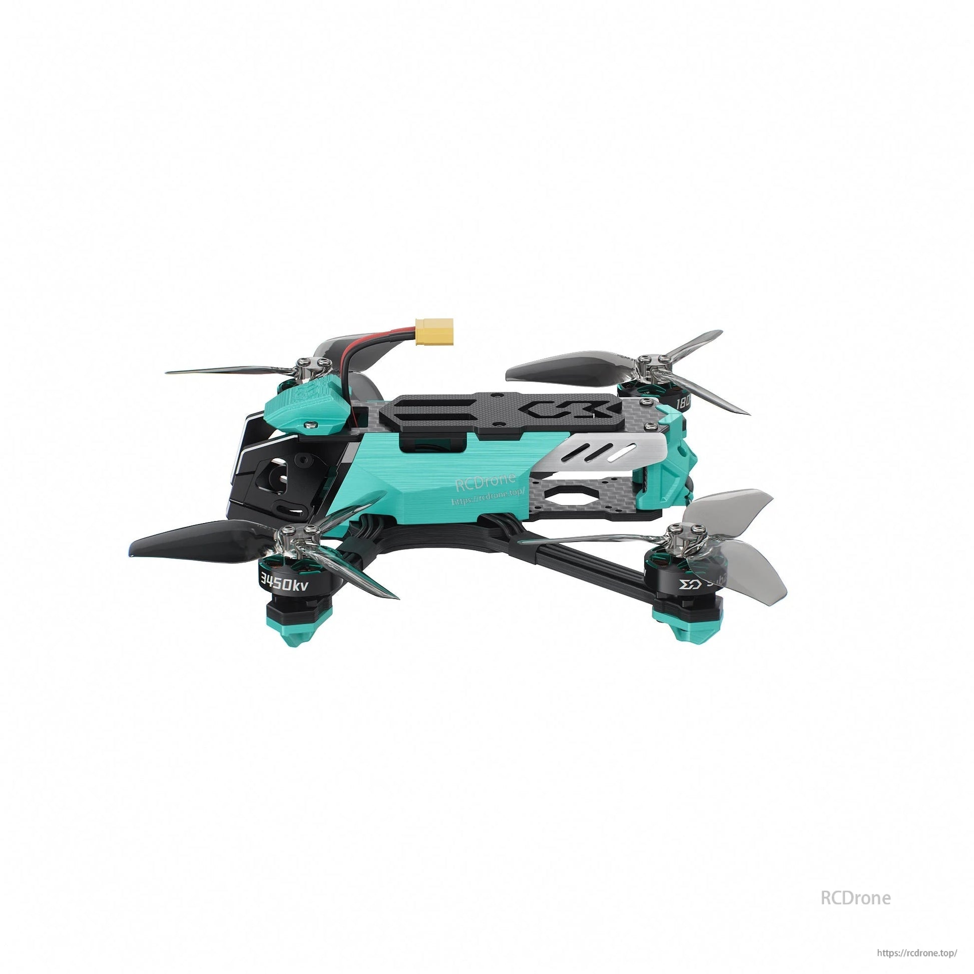 Right side profile showing teal body, arm geometry, and rear antenna mount angle