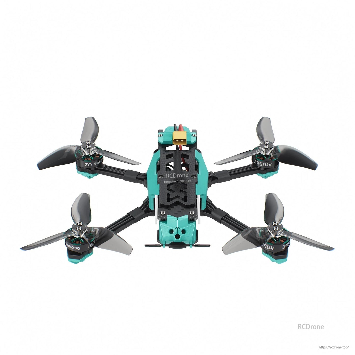 Underside view showing bottom plate, motor bases, and battery connector on top edge