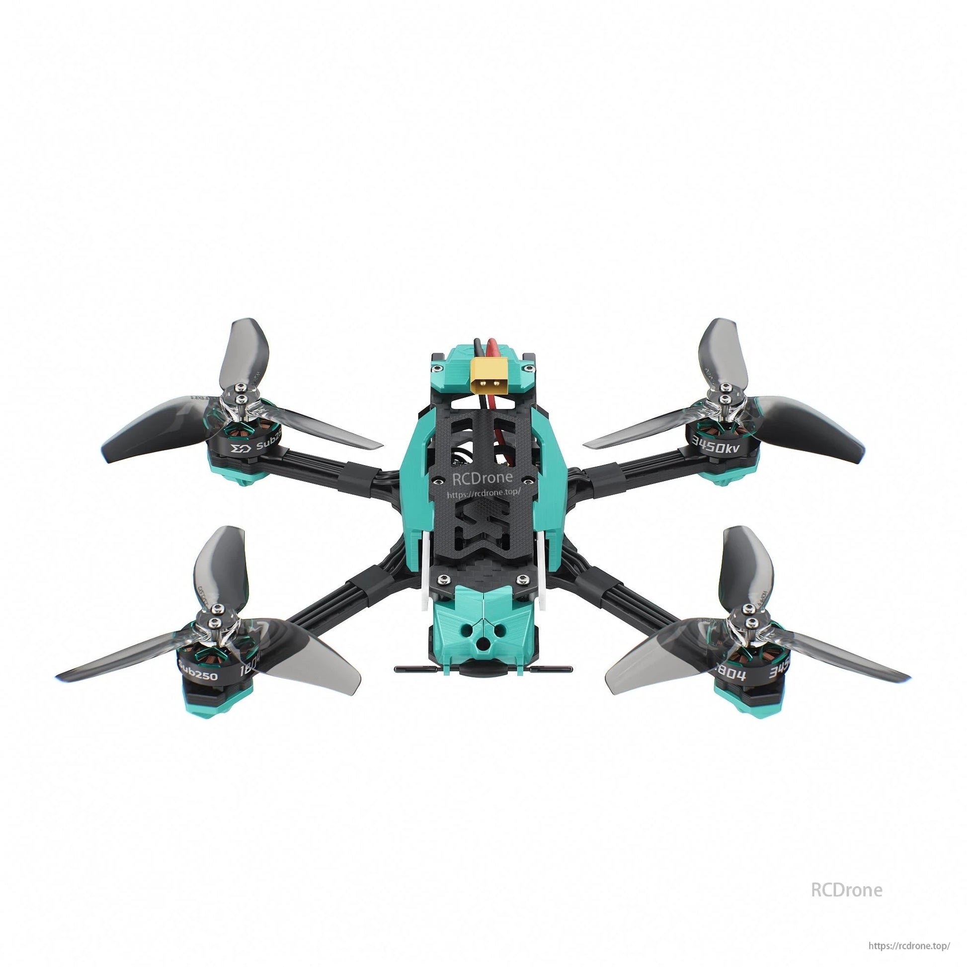 Underside view showing bottom plate, motor bases, and battery connector on top edge