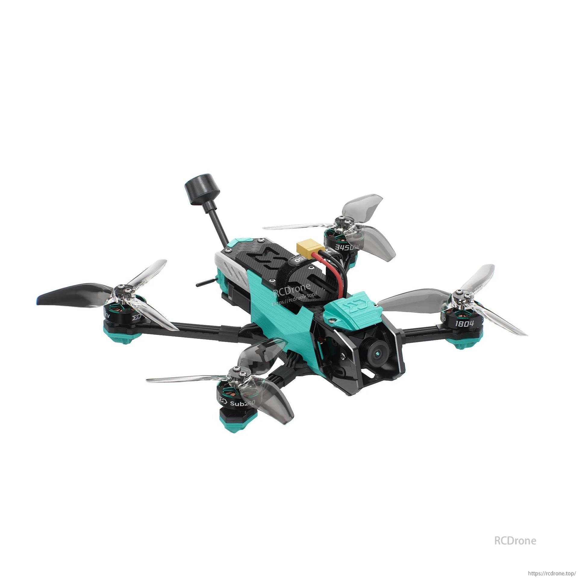 Front angle close-up showing FPV camera lens and one antenna upright at the rear