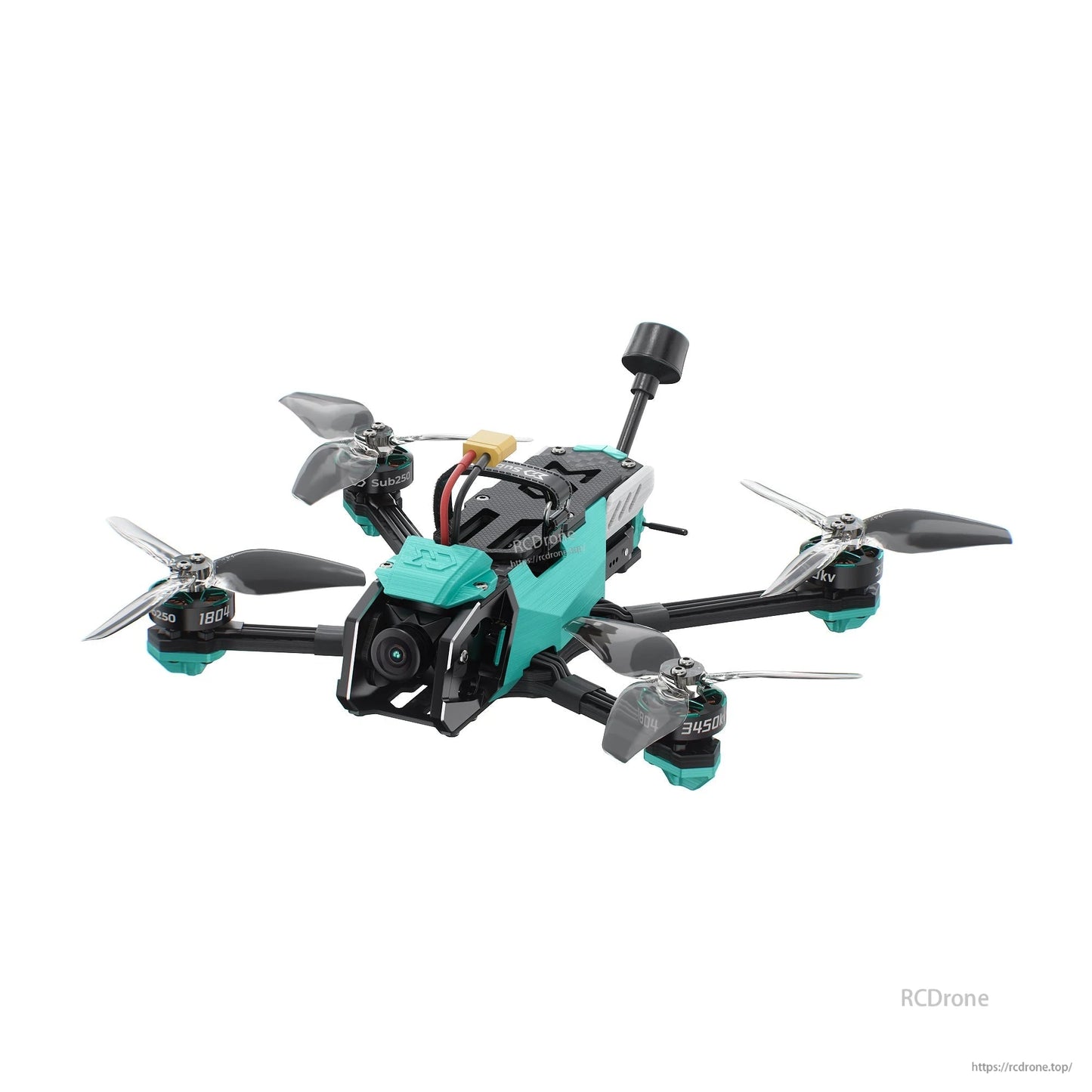 Sub250 OasisFly35 quadcopter front angle close view of camera mount and prop guards/arms