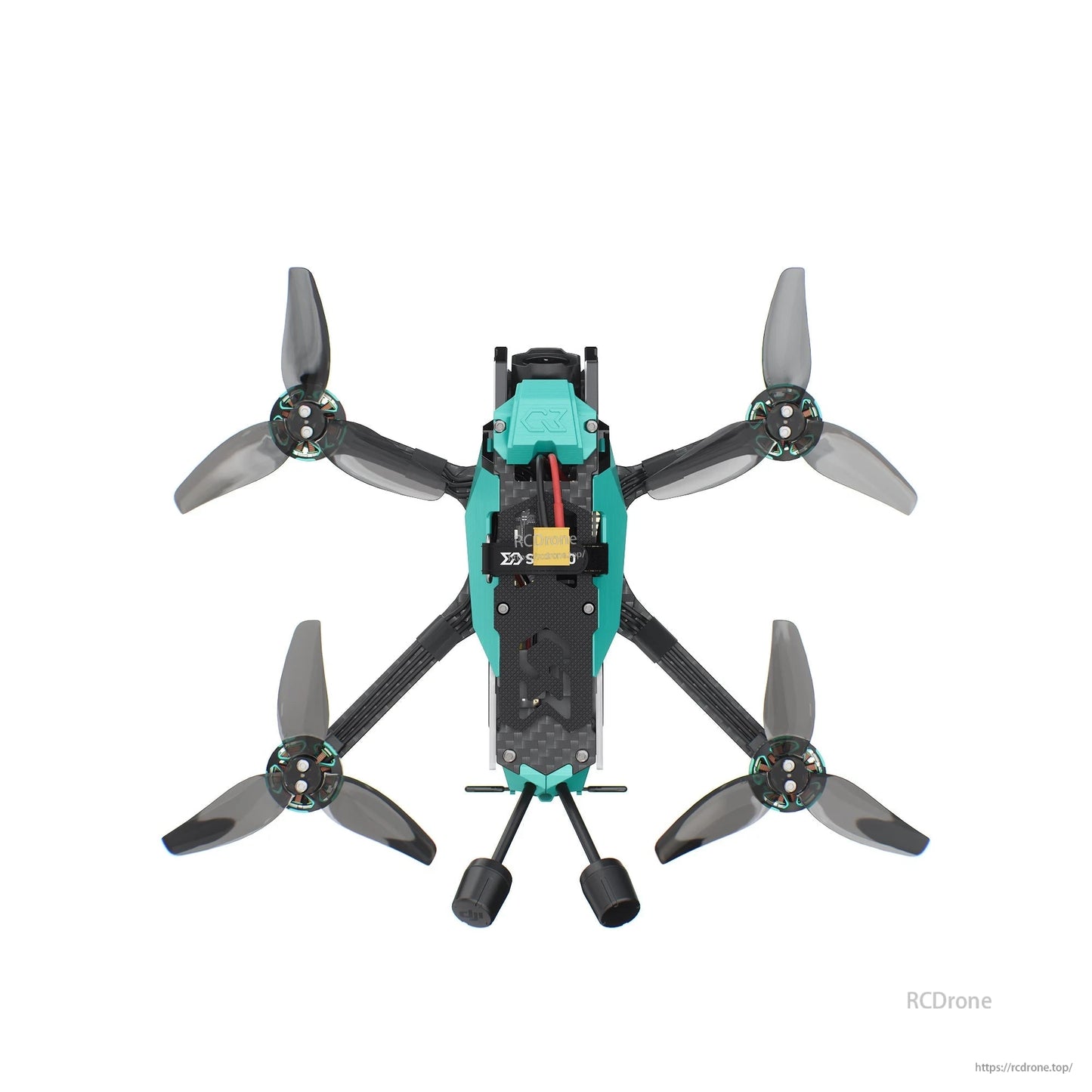 Straight top-down view showing frame spine, battery strap area, and prop alignment