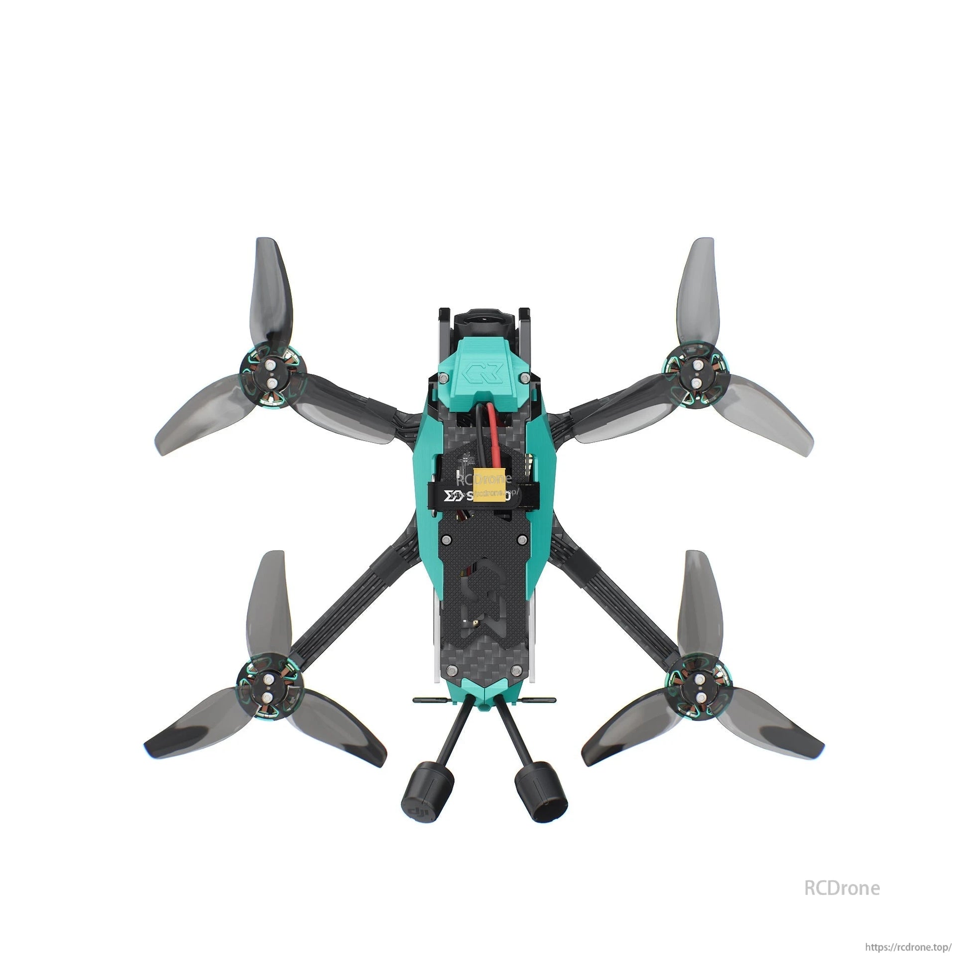 Straight top-down view showing frame spine, battery strap area, and prop alignment