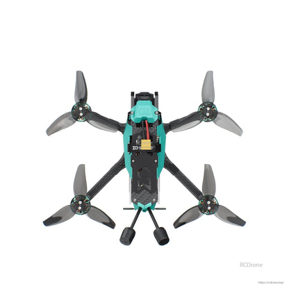 Straight top-down view showing frame spine, battery strap area, and prop alignment