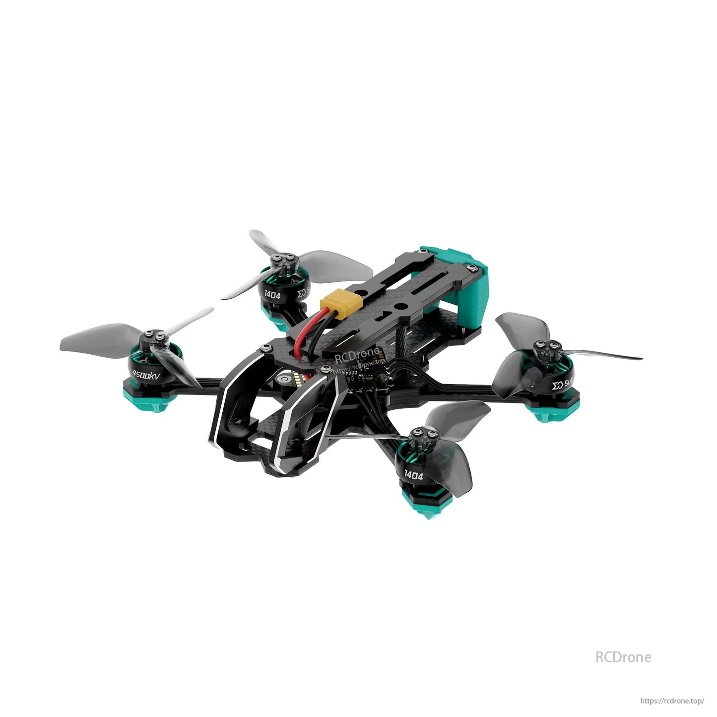 Angled side view highlighting exposed wiring, carbon top plate cutouts, and motor layout