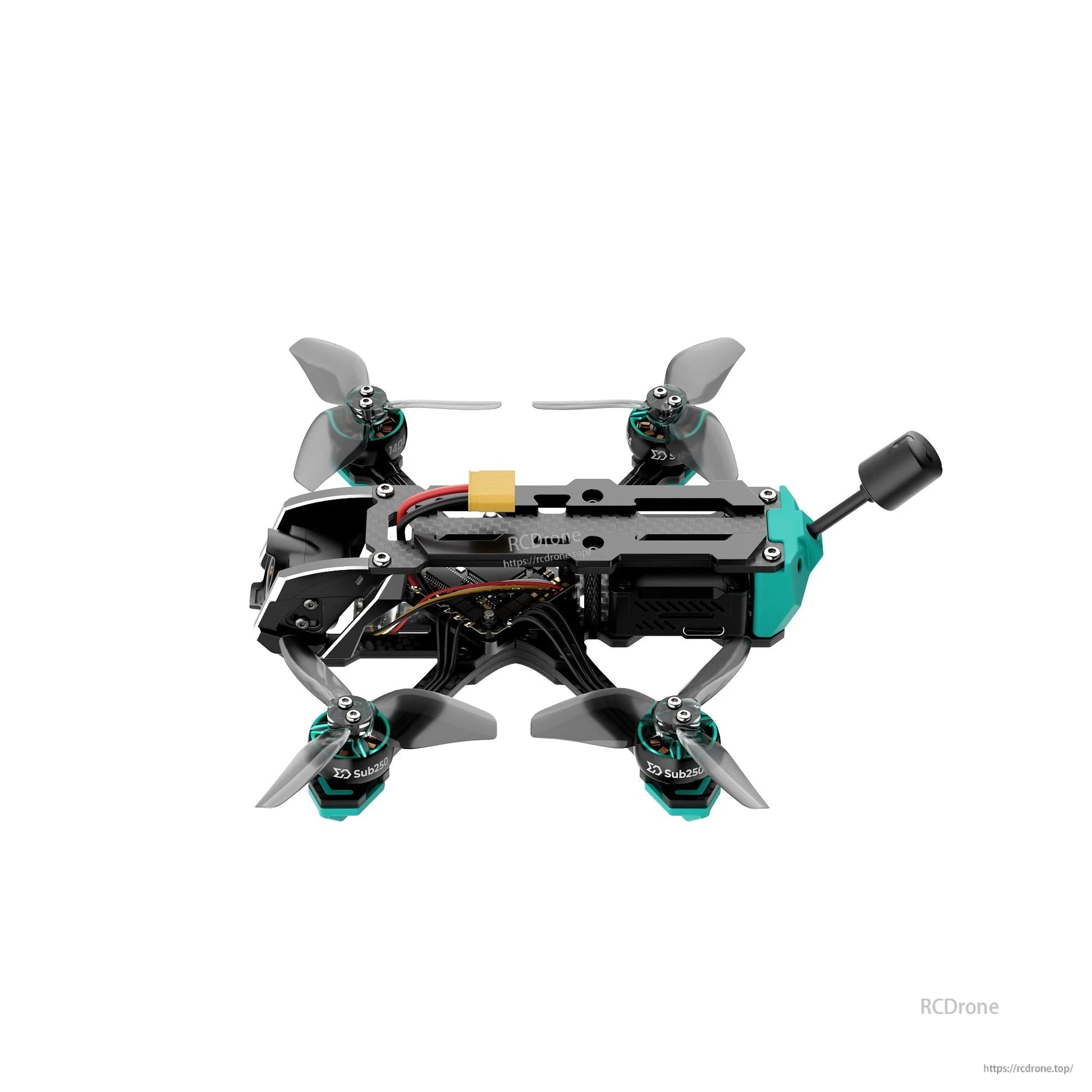 Overhead side view with side-mounted antenna extended, showing top plate layout and front camera cage