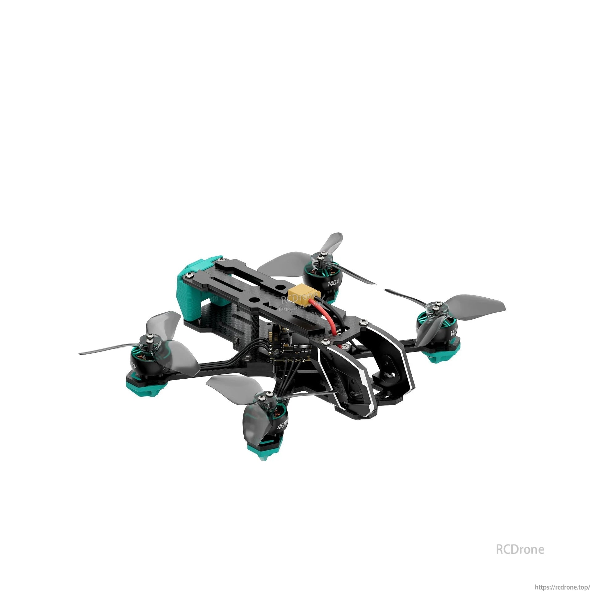 Angled rear view focusing on the electronics stack area, top plate, and teal rear protective housing