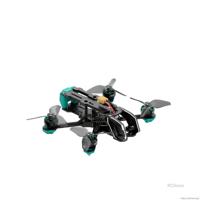Angled rear view focusing on the electronics stack area, top plate, and teal rear protective housing