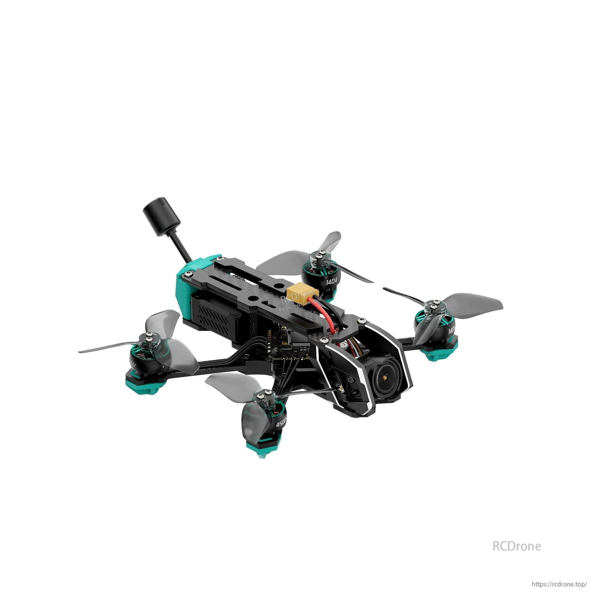 Low front angle showing the FPV camera mount, propellers, and compact 2.5 inch freestyle frame