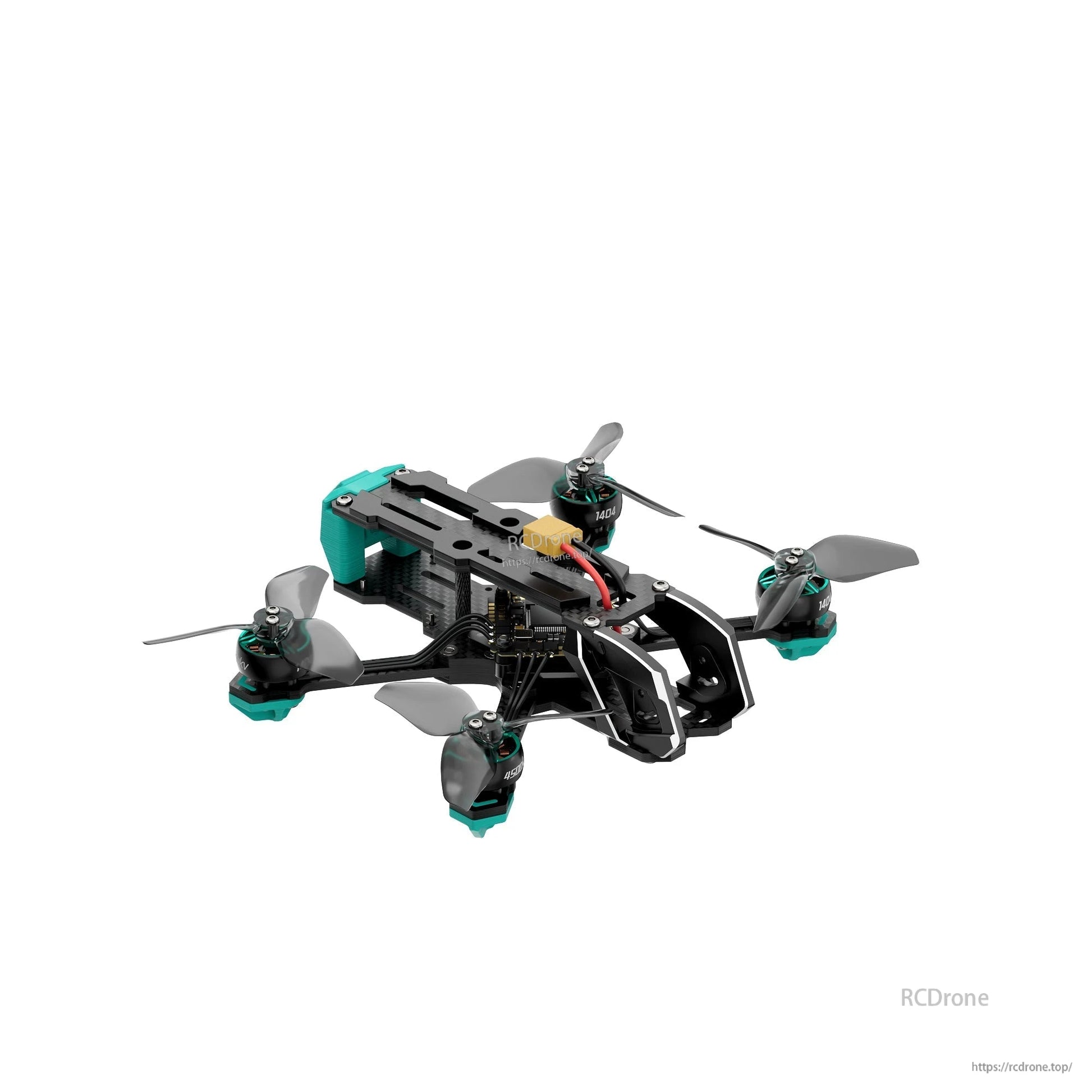 Rear-left angle showing the rear teal housing, stacked electronics area, and carbon frame arms