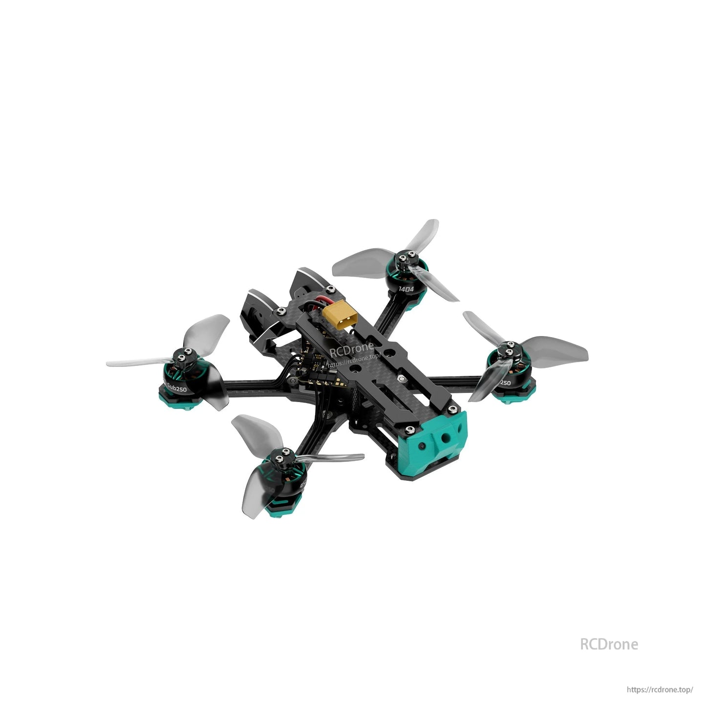 Underside angled view of the quad showing bottom plate hardware, motor mounts, and prop orientation
