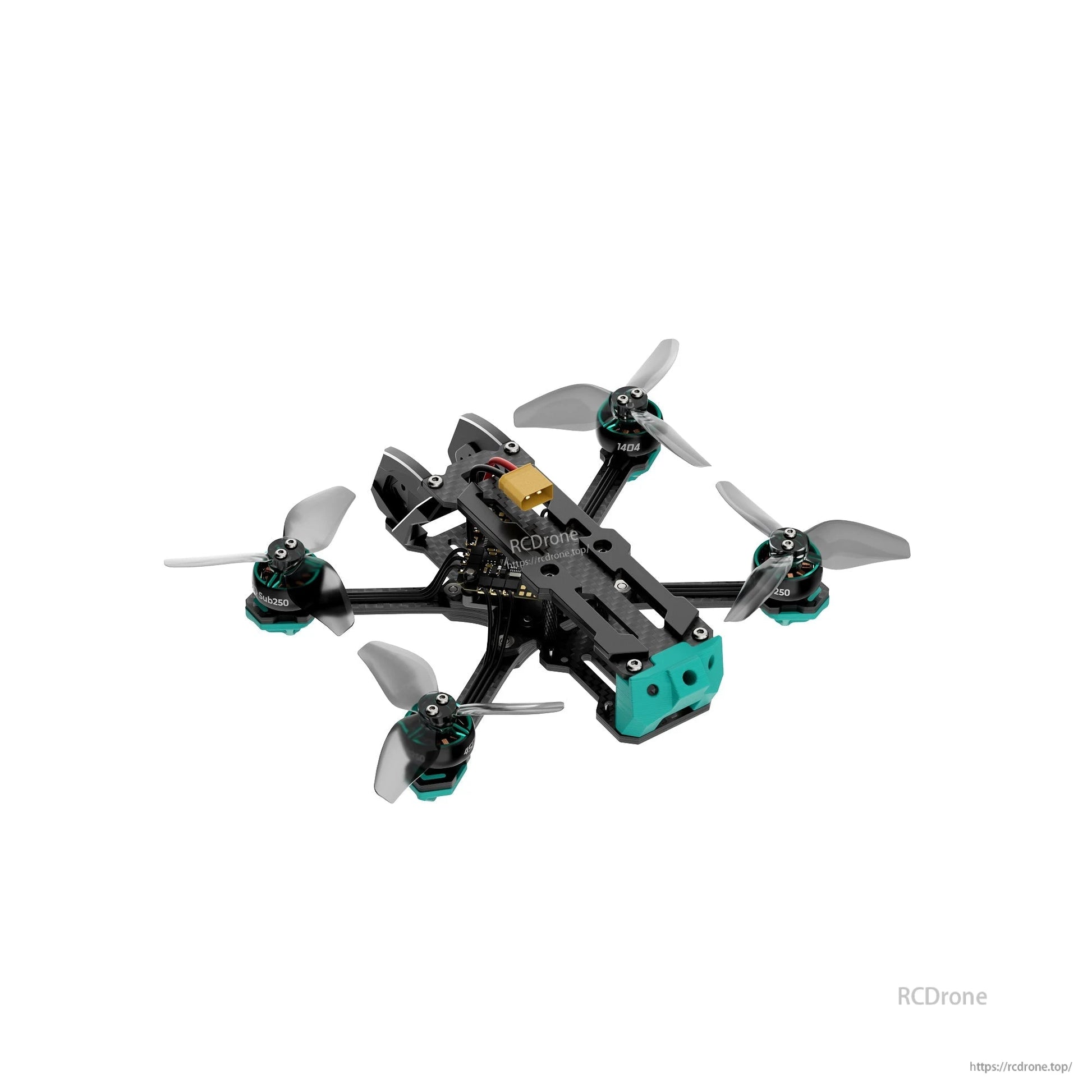 Underside angled view of the quad showing bottom plate hardware, motor mounts, and prop orientation