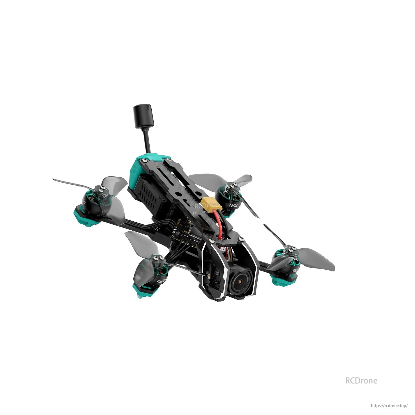 Front-right perspective of the quad showing camera cage, carbon frame arms, and rear-mounted antenna
