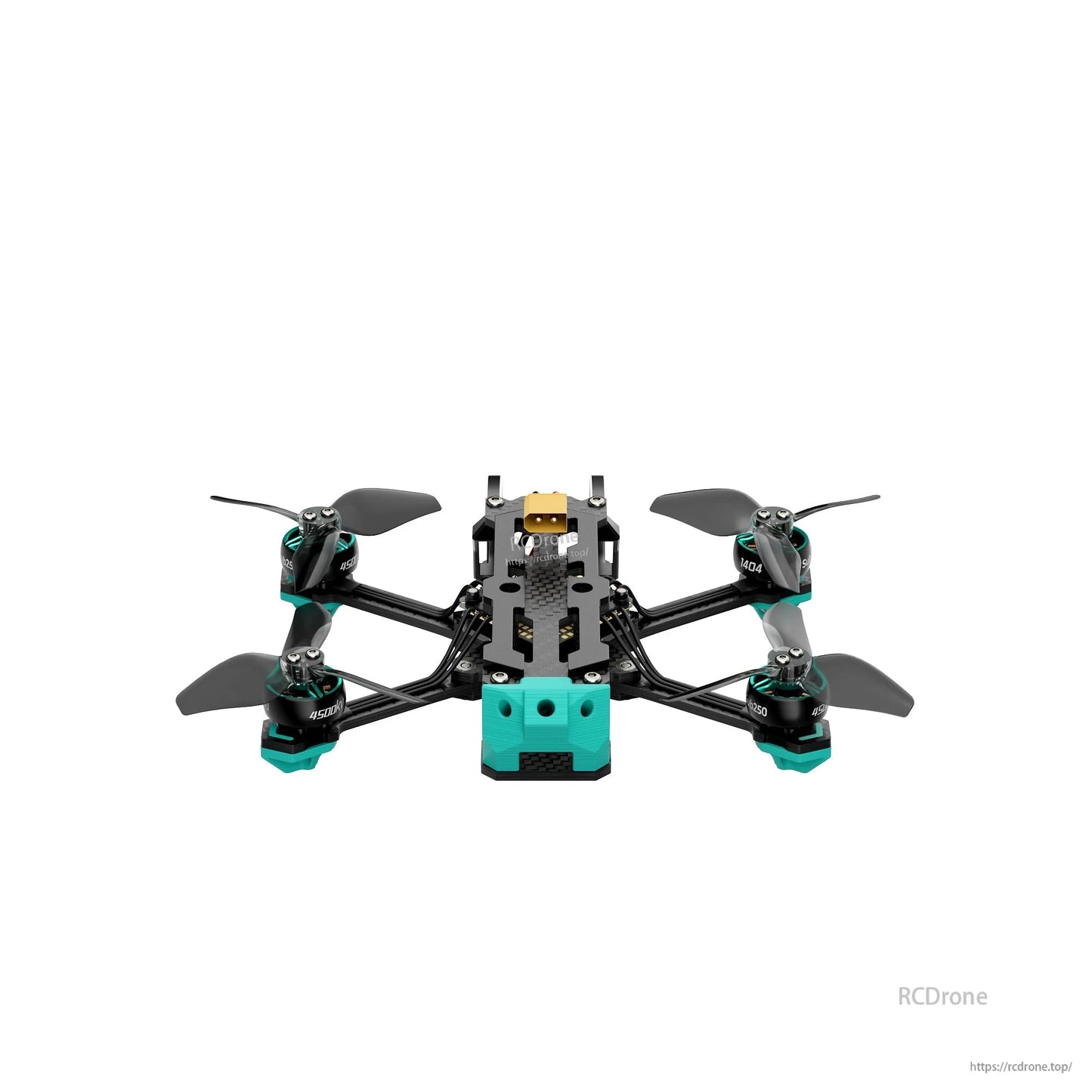 Top view showing the teal front bumper block and symmetric motor/prop layout on the 2.5 inch quad