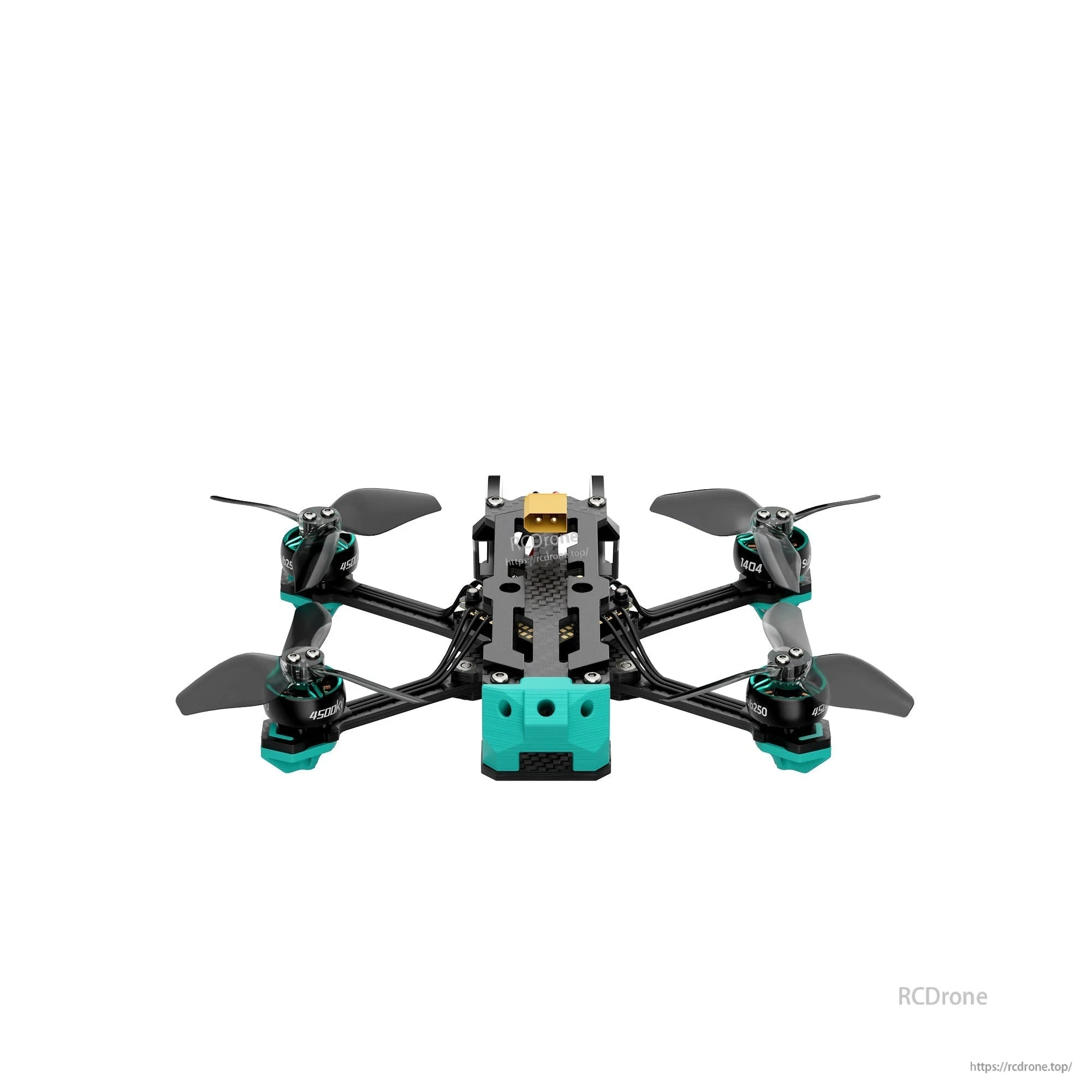 Top view showing the teal front bumper block and symmetric motor/prop layout on the 2.5 inch quad