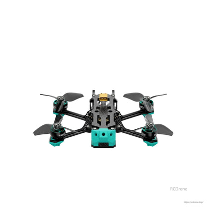 Top view showing the teal front bumper block and symmetric motor/prop layout on the 2.5 inch quad