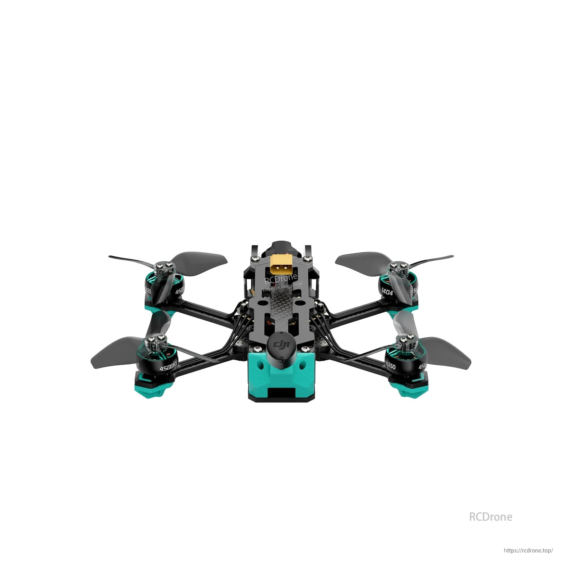 Top-down view of 135mm wheelbase 2.5 inch quad frame with four motors and teal rear bumper